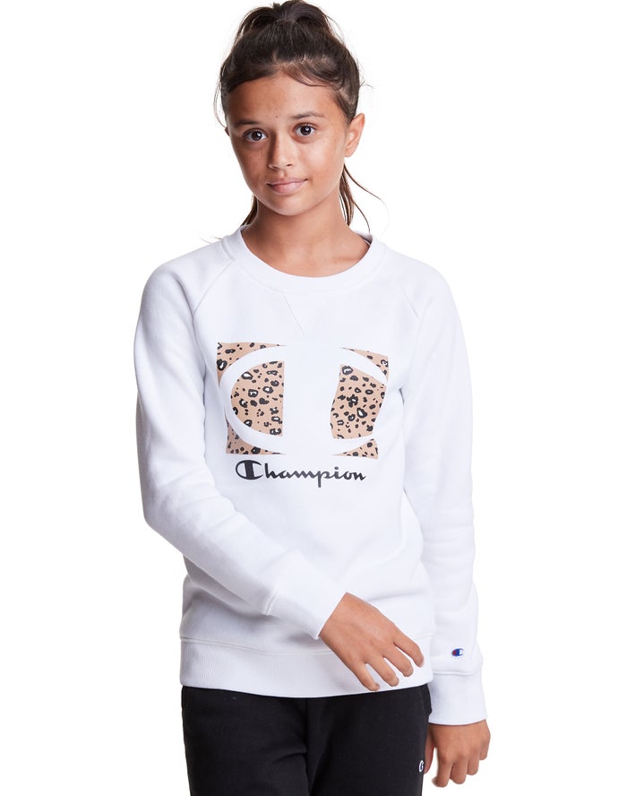 Champion Pige Hættetrøje Hvide - Fleece Raglan Crew Leopard Knockout Logo - Danmark HMC-187956